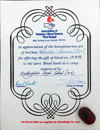 Certificate for Blood Donation